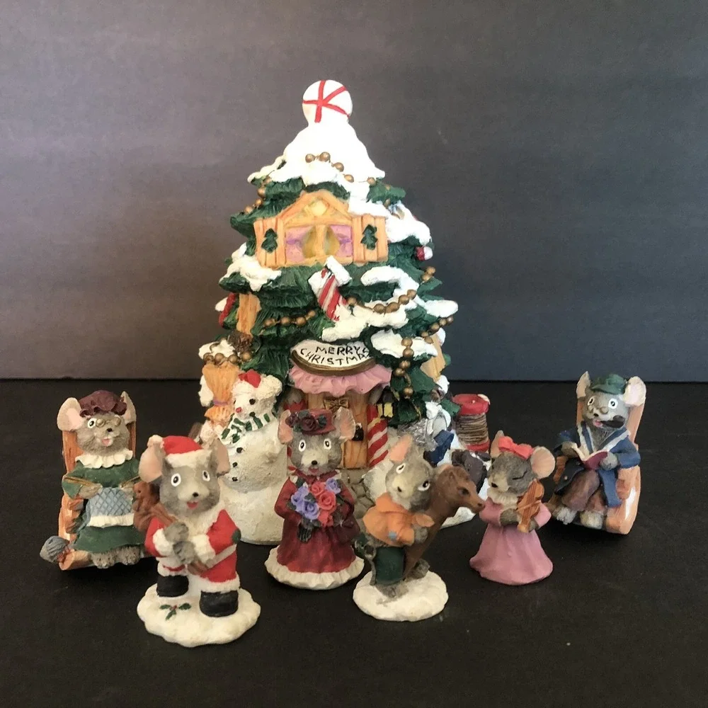 A Birthday to Cherish Christmas Figurines with Tree Mice Holiday Box Resin